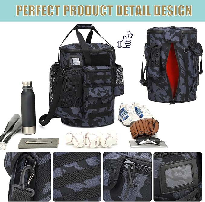 Baseball Bucket Bag Baseball Coaching Accessories Organizer Tactical Style Softball Bucket Bag with Anti-Slip Bottom, Multiple Pockets for Bat, Gloves, Scoreboards