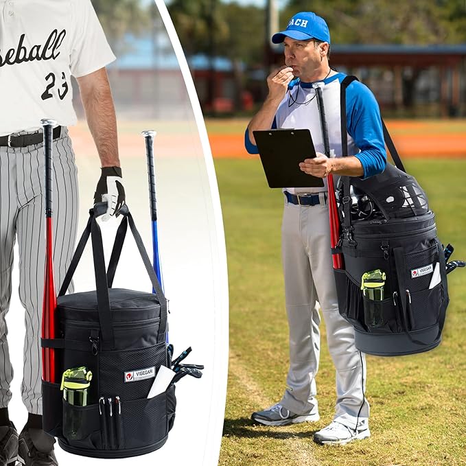 VIGERARI Baseball Bucket Bag- Coach Bag-Expandable Softball Bucket Organizer with Padded Seat