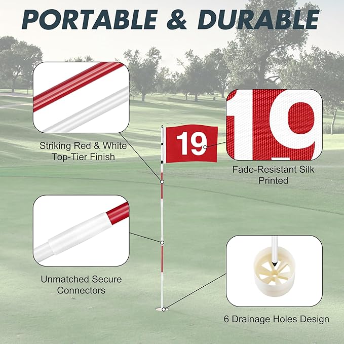 DURARANGE Golf Flagstick 6ft, 5-Section Design, ABS Hole Cup, 420D Nylon Flag for Backyard Practice Putting Green | Driving Range | Country Club, Gift for Golf Lovers