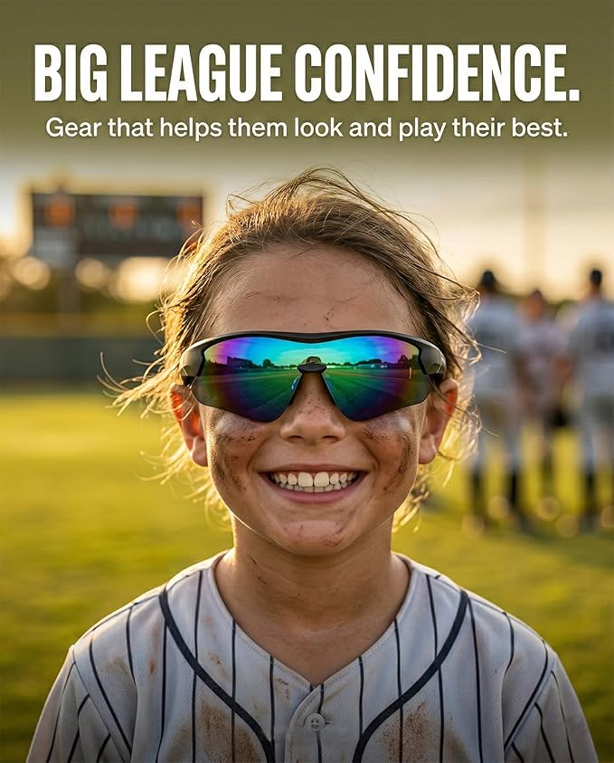 maivnz Youth Baseball Sunglasses for Boys and Girls Ages 6-12, Kids Sports Glasses for Softball Cycling, Helmet Compatible