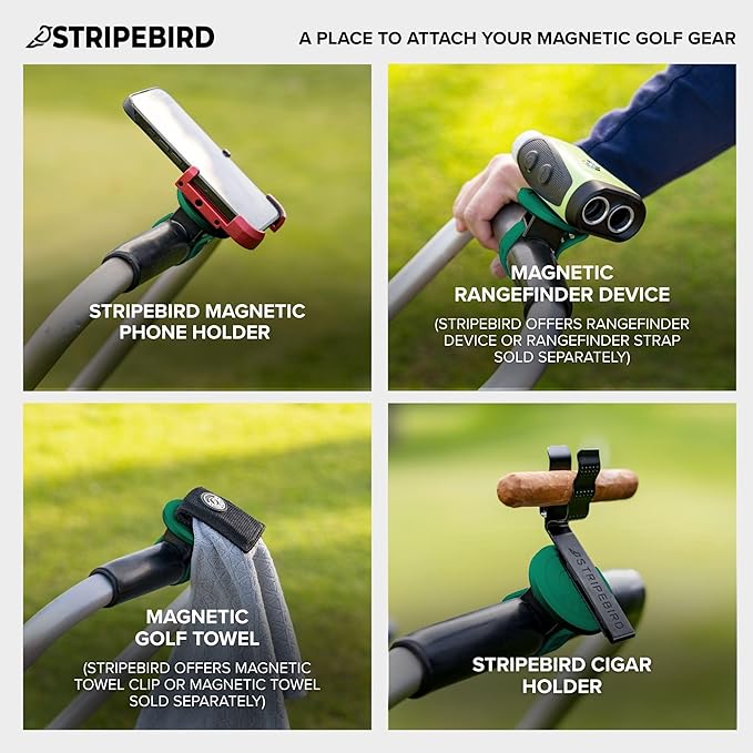 Stripebird - 2.0 Golf Push Cart Mount for Magnetic Accessories (Green)- Push Cart Strap for Quick and Easy Access of Golf Gear - Cell Phone Holder for Golf Cart - Phone Holder for Golf Cart