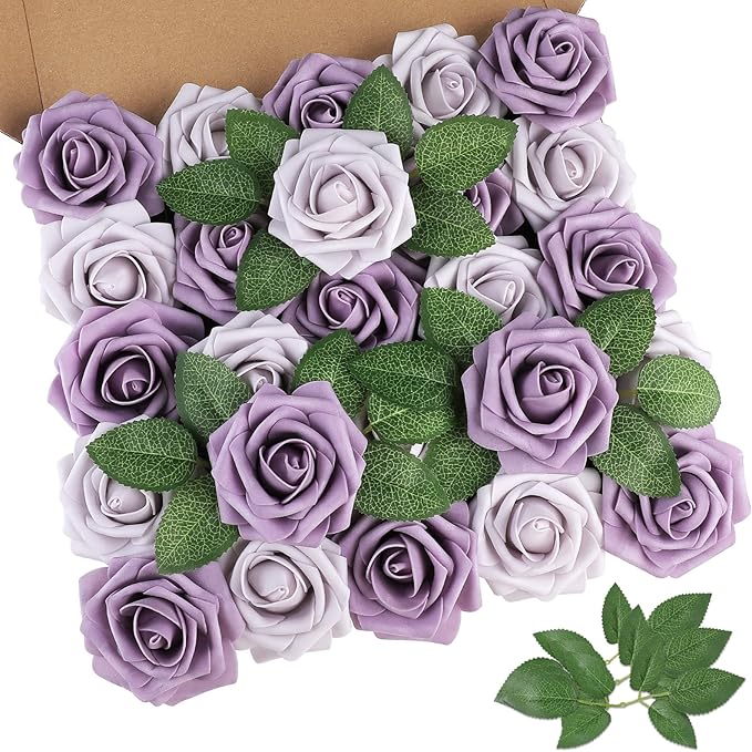 AmyHomie 25pcs Real Looking Artificial Pale Lavender Roses w/Stem by AmyHomie