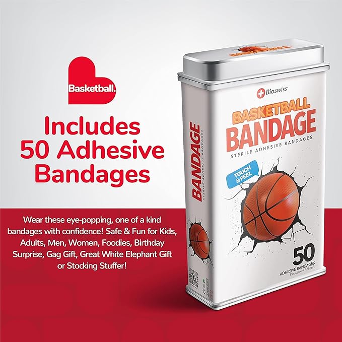 BioSwiss Bandages, Basketball Shaped Self Adhesive Bandage, Latex Free Sterile Wound Care, Fun First Aid Kit Supplies for Kids, 50 Count