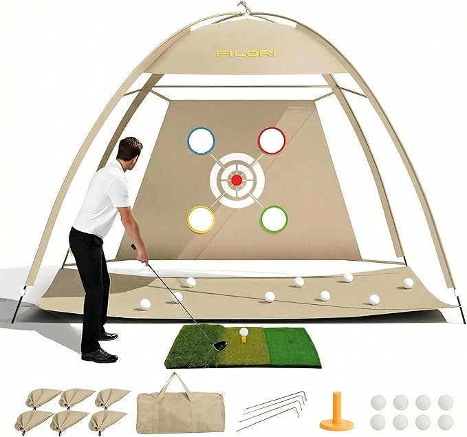 FILORI Golf Practice Net 10x7FT - Golf Hitting Net with Tri-Turf Mat, 8 Balls, Tee & Carry Bag, Indoor/Outdoor Backyard Training for Driving Chipping Swing, Ideal Gifts