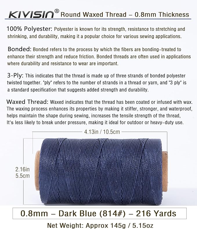 Heavy Duty Round Waxed Thread 0.8mm, 218 Yards, Dark Blue, Bonded Thick - Image 2