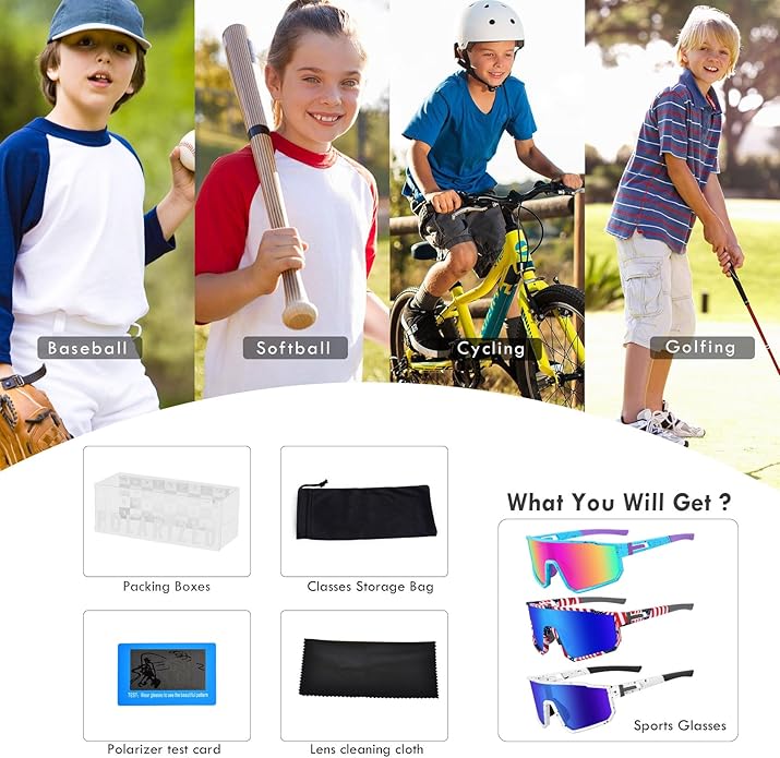 MVPTGRS Youth Baseball Sunglasses for Boys Girls Age 8-14 TR90 Frame Kids Sport Sunglasses for Softball Cycling Baseball Golf