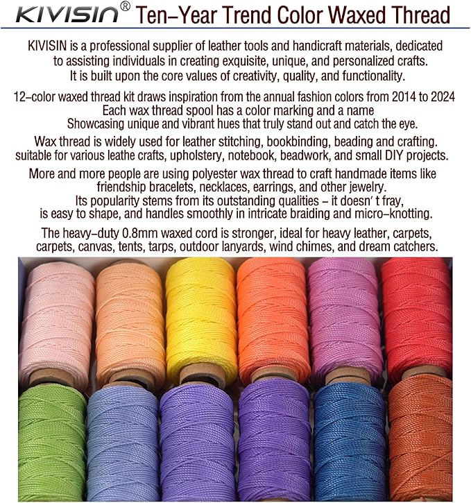 KIVISIN Trendy Color Waxed Thread 0.8mm, Heavy Duty Wax Polyester Cord 32 Yards - Image 5