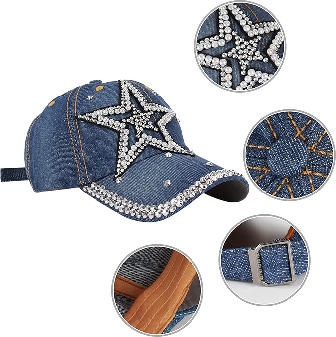 Hoce Fashion Rhinestone Denim Baseball Cap Studded Bling Hat for Women