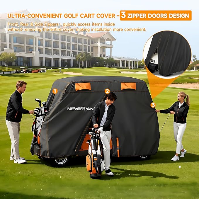 NEVERLAND Golf Cart Cover 2 Passenger, Heavy Duty 420D Golf Cart Covers, Waterproof Club Car Golf Cart Cover with Zipper Doors Compatible with EZGO Yamaha Club Car 2 Seat (Up to 95 Inch)