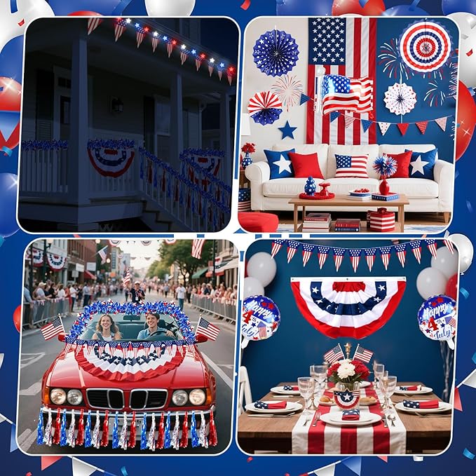 Tryly 46 PCS 4th of July Golf Cart Decorations, Patriotic Independence Day Decor with Luminous Pentagram Rope, Balloons, Flags, Windmill and Tassel, Used for Outdoor Party, Parade, Yard Decorations