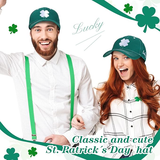 Tigeen 4 Pcs St Patricks Day Clover Caps Shamrock Hat Ireland Irish 4 Leaf St. Patrick's Day Hat Gift Men Women Baseball Cap