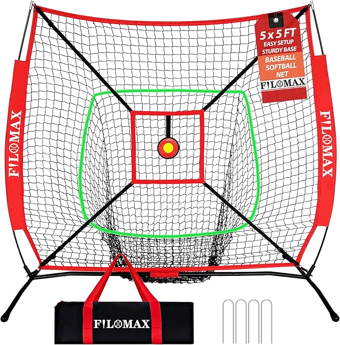 5x5 FT Baseball & Softball Practice Net with Red Strike Zone & Target | Youth Baseball & Softball Training Net for Hitting, Pitching, Batting |for Accurate Throwing Practice,Includes Carry Bag.