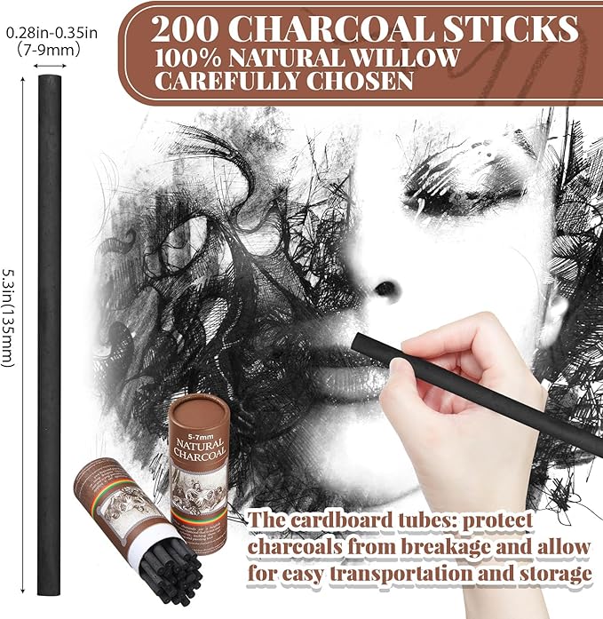 Gueevin 200 Pcs Willow Charcoal Sticks, Willow Charcoal, and Fine Art Christmas - Image 2