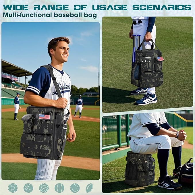 RAINSMORE Baseball Bucket Bag Baseball Coaches Accessories Organizer with Insulation Pocket Tactical Softball Bag with Anti-Slip Bottom, Multiple Pockets for Bat, Gloves, Scoreboards