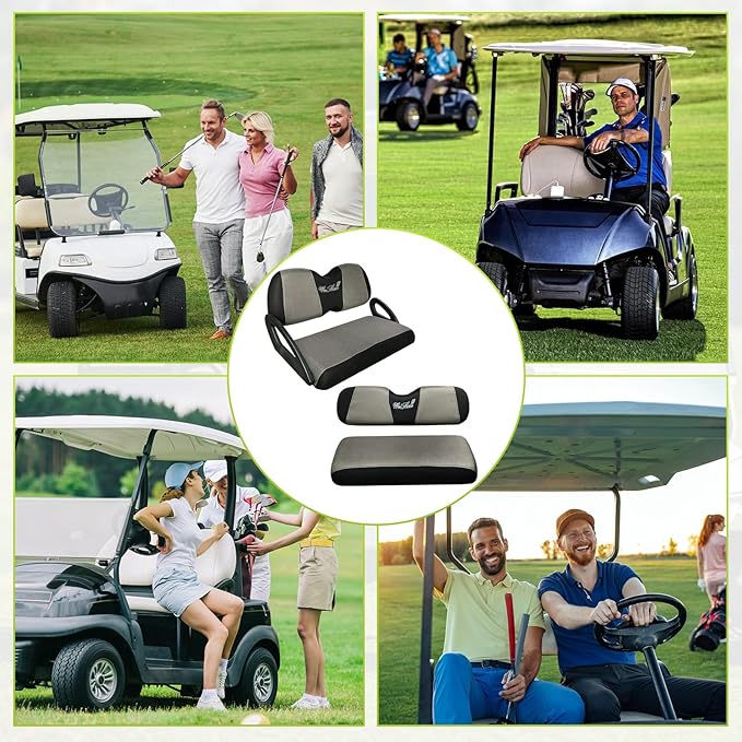 Golf Cart Seat Covers Front and Rear Set Fit for Club Car Precedent Club Car Tempo Yamaha G29 Front Seat Cushion and Aftermarket Universal Back Seat Cushion Covers Black&Grey