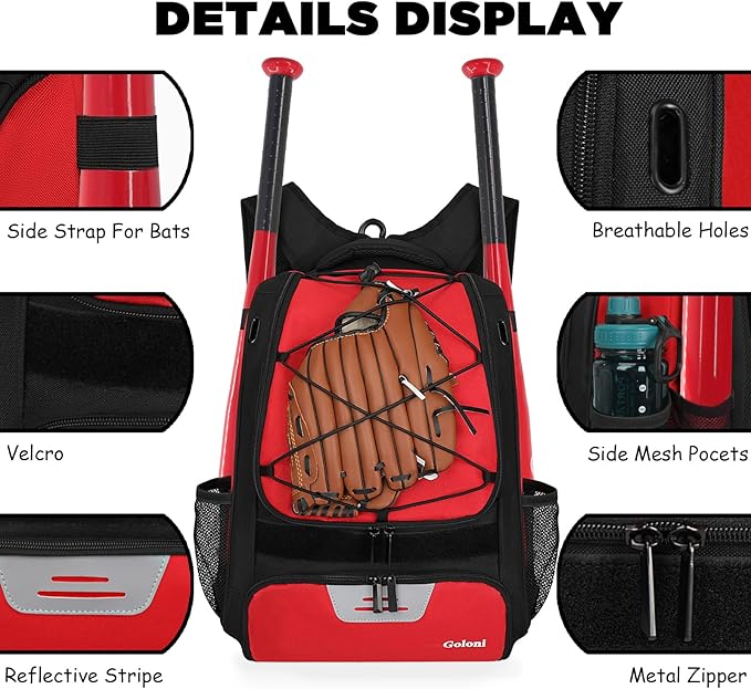 Goloni | Baseball Backpack,Baseball Bag for Adult,Softball Bat Bag with Shoes Compartment,Large Main Compartment for Helmet & accessories, Fence Hook