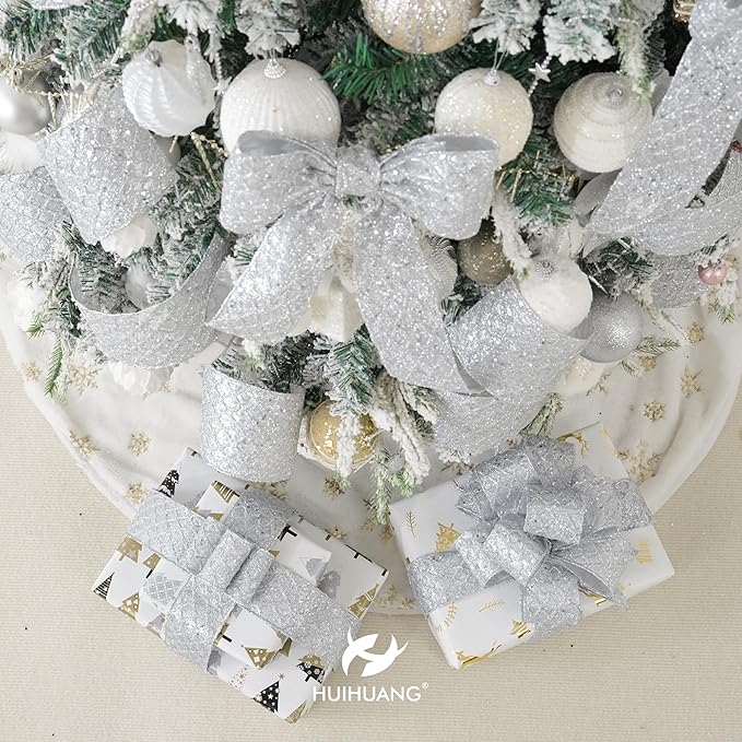 HUIHUANG Silver Christmas Ribbon 4 inch Silver Glitter Wired Ribbon Diamond - Image 5