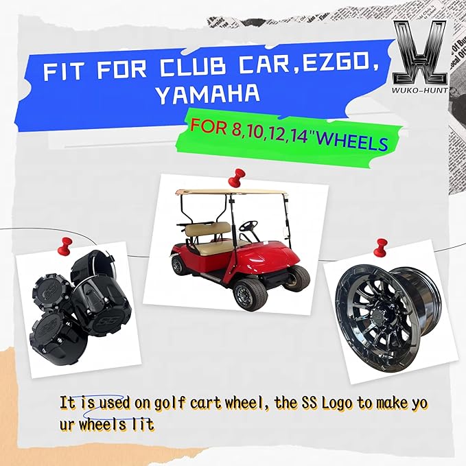 Golf Cart SS Wheel Center Cap Cover, ITP Push in Style Wheel Hub Caps (2026 New Model) for EZGO Club Car Yamaha and Other Models 8,10,12,14 inch Wheel,4 PCS(Gloss Black with Black SS)