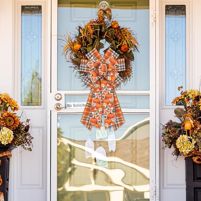 2 Rolls Fall Pumpkins Ribbons for Bows, Thanksgiving Wired Edge Burlap Ribbon - Image 3