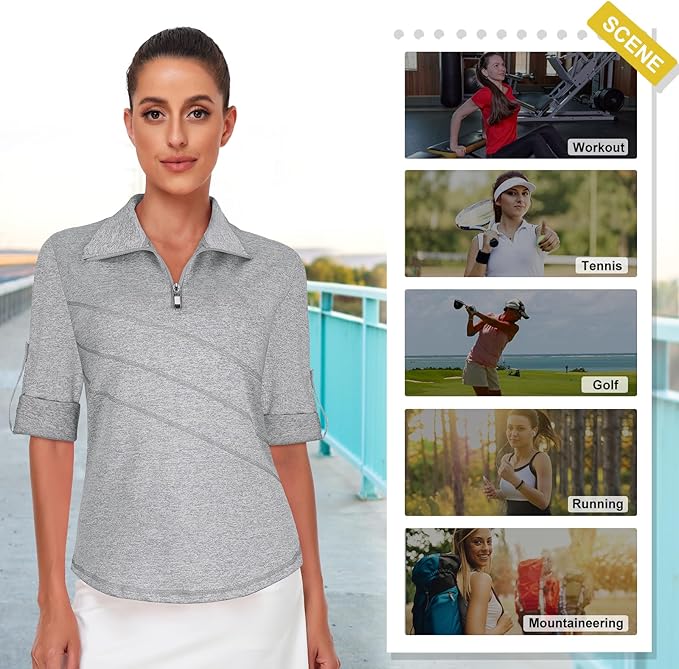 Koscacy Women's 3/4 Roll Sleeve Golf Tennis Polo Shirts UPF50+ Half Zip Dry Fit Workout Tops Athletic Shirt