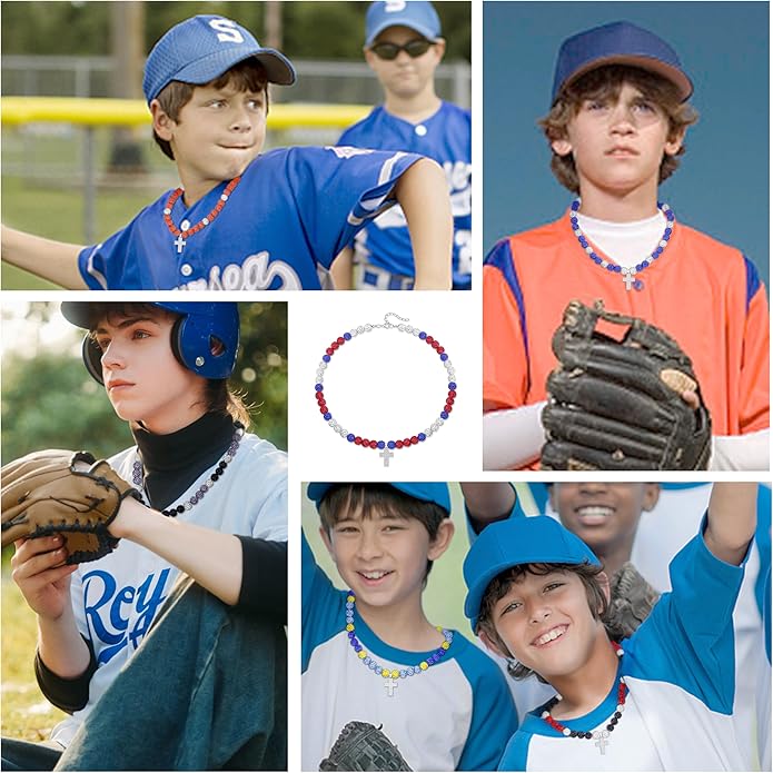 QINJIEJIE Baseball Necklace for Men Glitter Bling Rhinestone Beaded Collection Necklace for Women 16/18in Inspired Sports Jewelry Baseball Chain Cool Gifts for Baseball Players Team Lovers