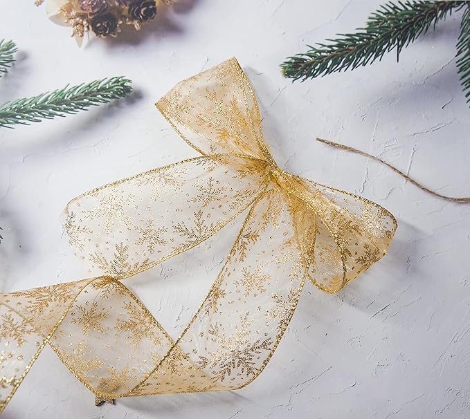 CT CRAFT LLC Organza with Gold Glitter Snowflakes Wired Ribbon 2.5 inch x 50 - Image 5