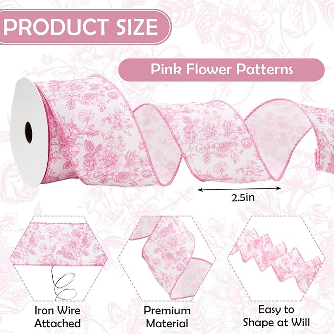 AnyDesign Floral Wired Edge Ribbon Roll Pink Flower Ribbon Chinoiserie Fabric - Image 2