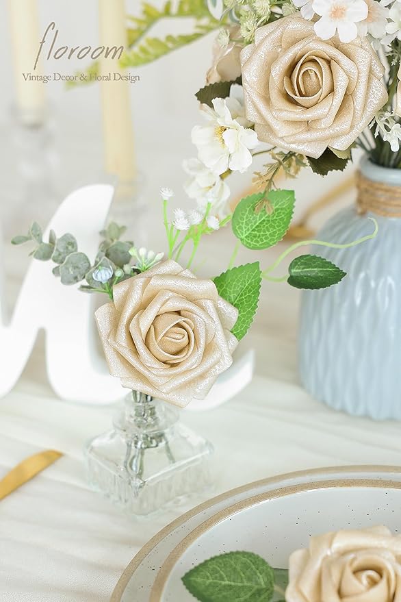 Floroom Artificial Flowers 25pcs Real Looking Champagne Gold Foam Fake Roses - Image 3