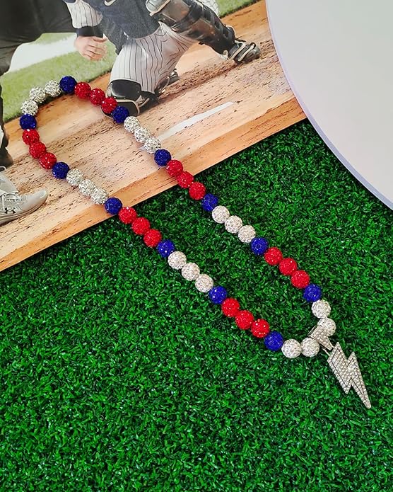 Baseball Necklace for Men 16/18/20 Inch Bling Ice Collection Lightning Bolt Pendant Necklace for Women Rhinestone Clay Beaded Discoball Accessories Gifts for Baseball Team Players Lovers