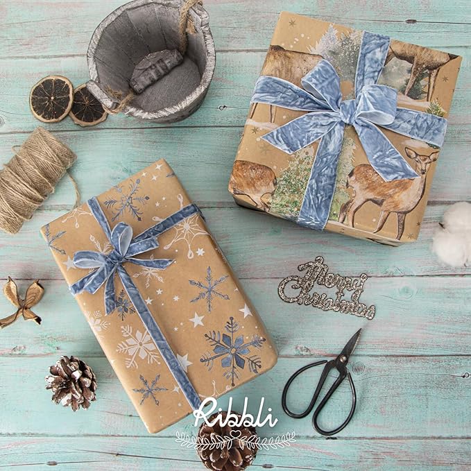 Ribbli Dusty Blue Velvet Ribbon 1 Inches Luxury Crinkled Blue Christmas Ribbon - Image 2