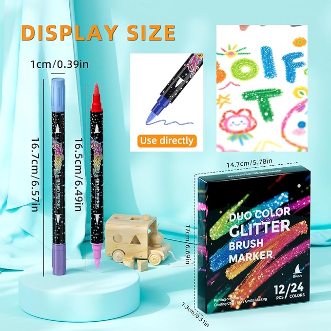 24 Colors Dual-tip Watercolor Markers, 12 Pack Glitter Brush Markers, - Image 4