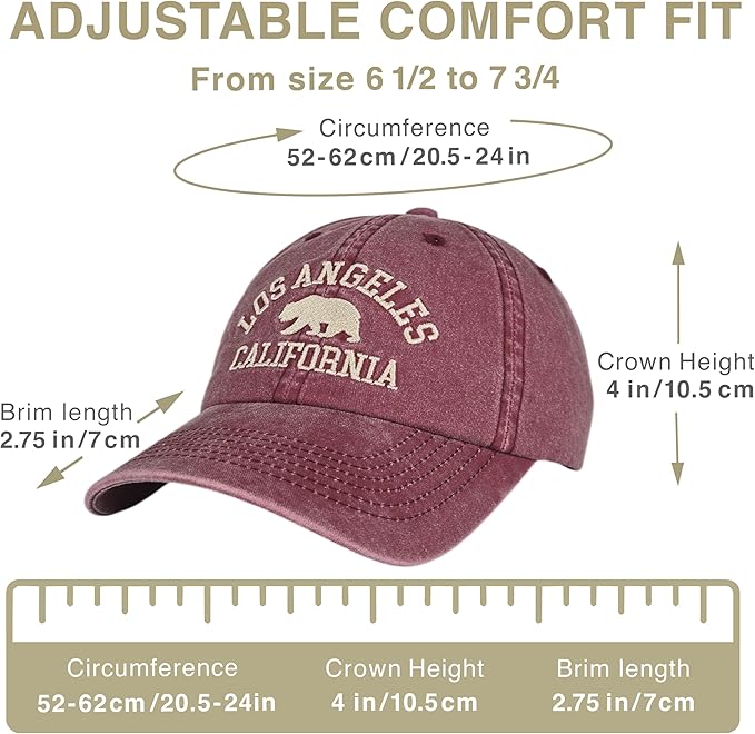 LA California Bear Embroidered Vintage Cotton Baseball Cap Adjustable Metal Buckle Unstructured Low-Profile Hat Men & Women