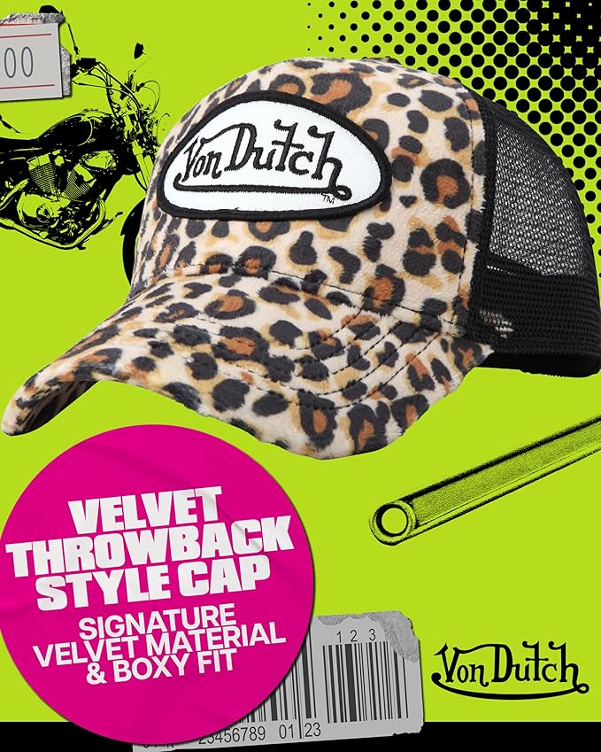 Von Dutch Unisex Trucker Hat - Velvet Curved Bill Mesh Back Retro Classic Adjustable Snapback Baseball Cap for Men and Women
