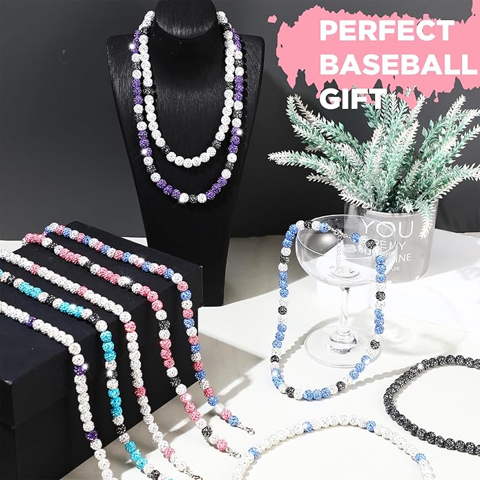 Landical 12 Pcs Bling Baseball Necklace Ice Beaded Baseball Necklace Cool Gifts Bulk for Team Players Lovers Fans