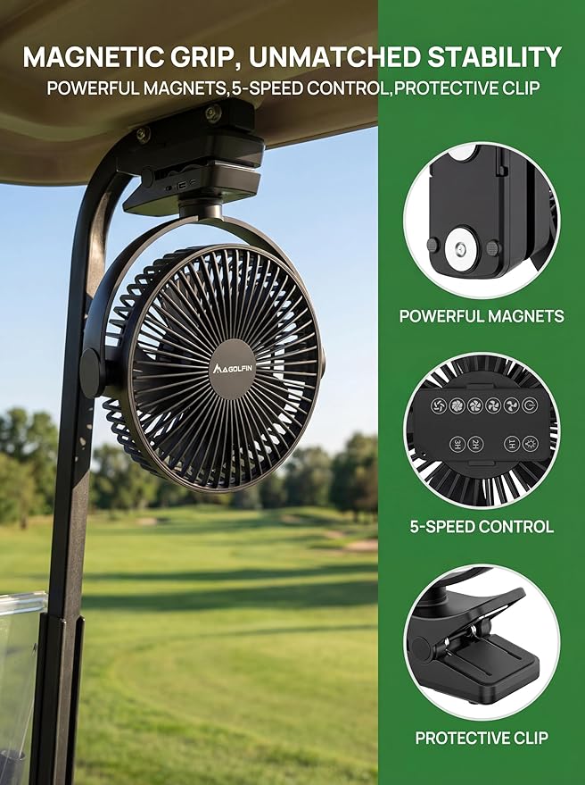 8-inch Magnetic Clip on Fan for Golf Cart, 12000mAH Battery Operated Portable Fan with 5 Speeds, LED Lantern, Magnetic Base, Compatible with EZGO Club Car Yamaha, Ideal Golf Cart Accessories