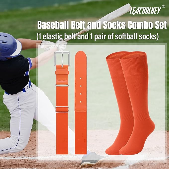LEACOOLKEY Baseball Belt and Socks Combo Set Adjustable Softball Socks and Elastic Belt for Youth and Adult