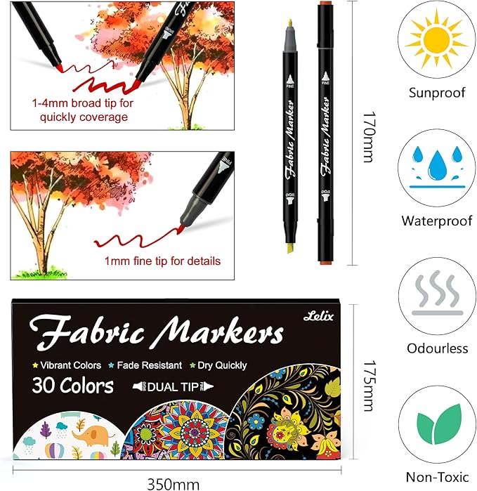 Lelix Fabric Markers, 30 Permanent Colors Dual Tip Fabric Pens - Image 2