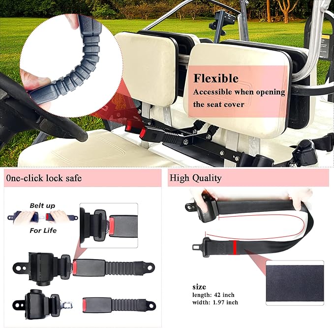 Golf Cart Retractable 42" Seat Belts with Belt Bracket Kit for Yamaha Club Car DS Precedent EZGO TXT RXV