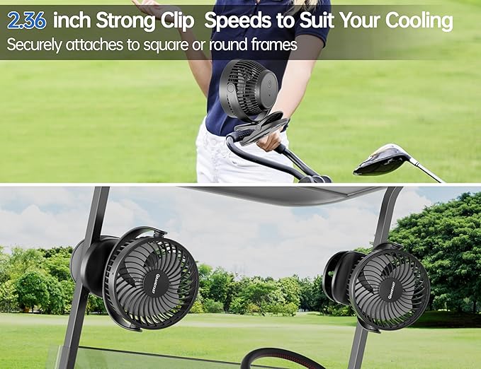 Golf Cart Rechargeable Fan Compatible with EZGO Club Car Yamaha, Golf Palyer Summer Essential 3 Powerful Speeds Clip on Fan with 360° Pivot, 13 Hrs Run Cordless, Battery Operated for Golf Cart
