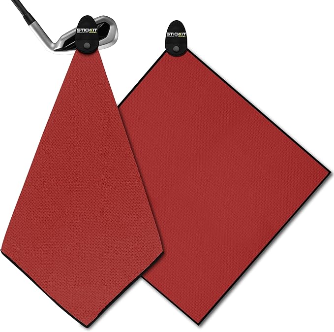 STICKIT Magnetic Golf Towel - Ultra-Absorbent with Waffle Weave Microfiber - Golf Towel with Magnet for Bags, Clubs & Carts - Removes Dirt, Grass, & Debris from Club Face - 29” x 29” (Red)
