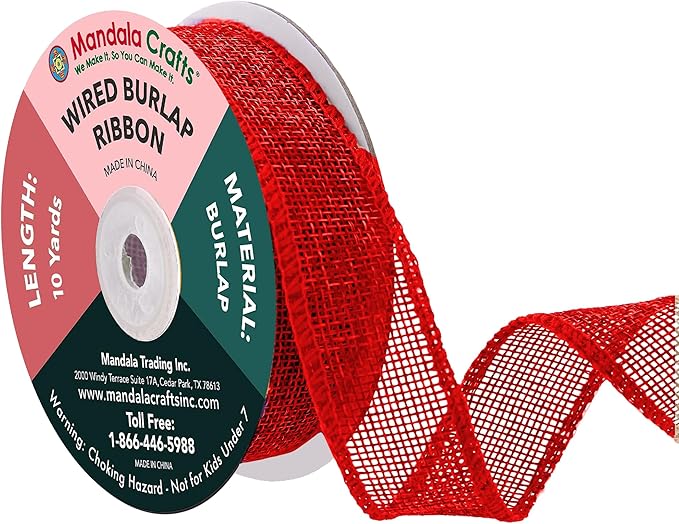 Mandala Crafts Red Burlap Wired Ribbon 1 Inches Wide Jute Ribbons by MandalaCrafts