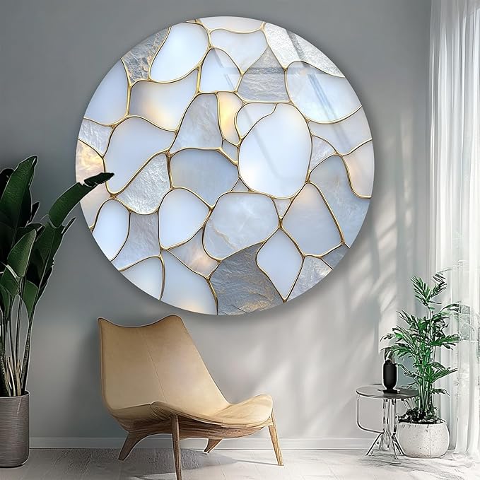 My Photostation.com 31.5'' Diameter White Stone Mosaic Round Glass Wall Art - Image 2