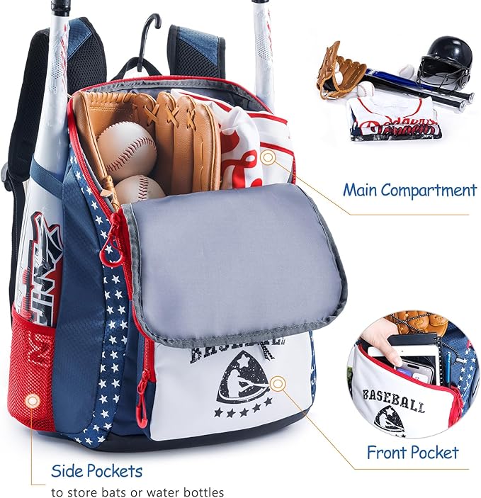 Baseball Bag for Youth & Adult with 4 Bat Sleeves - Softball Bat Bag with Shoe Compartment - Baseball Backpack for T-Ball, Softball Equipment, Baseball Gear, Baseball Bags for Boys 8-12