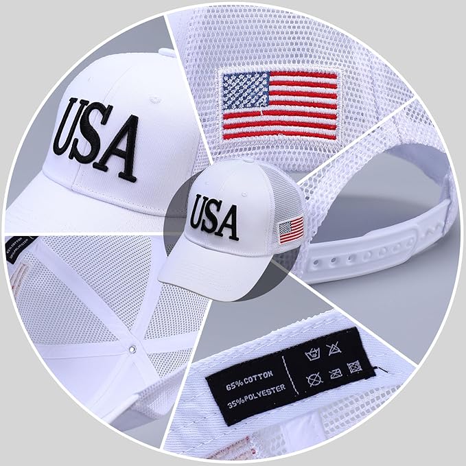 USA Trucker Hat for Men & Women American Flag Cap Adjustable Baseball Cap Mesh Snap Patriotic 3D Embroidered Cap
