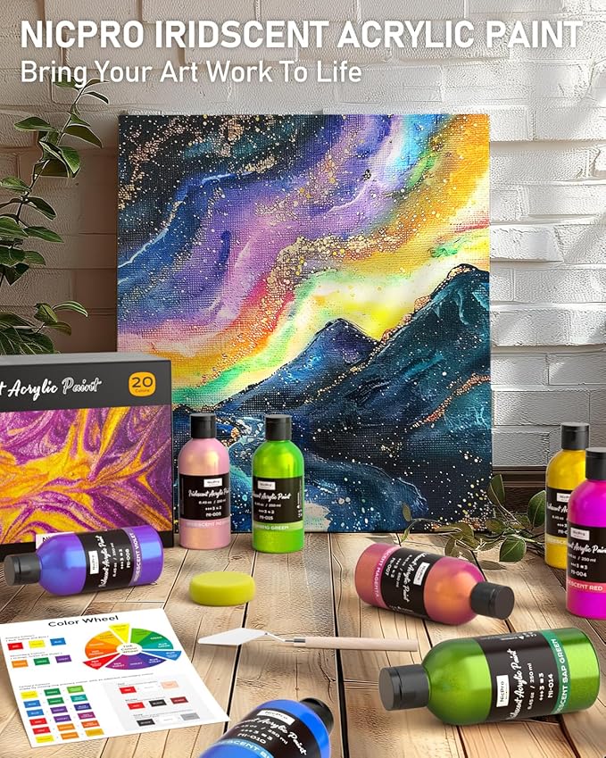 Nicpro 20 Colors Iridescent Acrylic Paint, 8.45oz / 250ml Large Bulk Metallic - Image 7