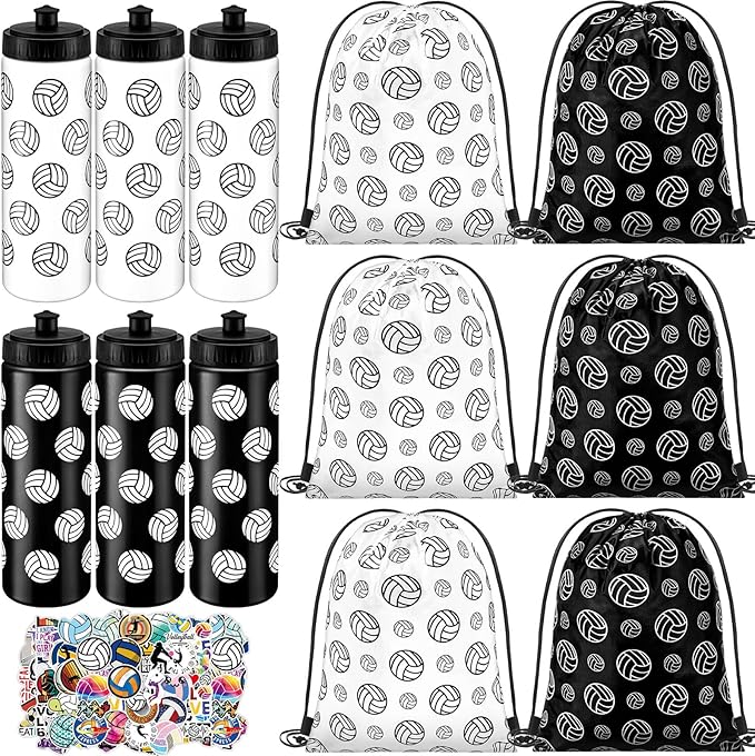 Funnymoom 12 Pcs Volleyball Water Bottle Drawstring Bag Set with 50 Sticker Volleyballs Party Favors 6 Reusable Sports Squeeze Water Bottle 20oz 6 Volleyballs Goodie Gift Bag