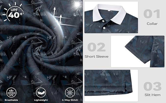 KUYIGO Mens Polo Shirt Quick Dry Moisture Wicking UPF 40+ Performance Printed Short Sleeve Summer Tennis Golf Shirt