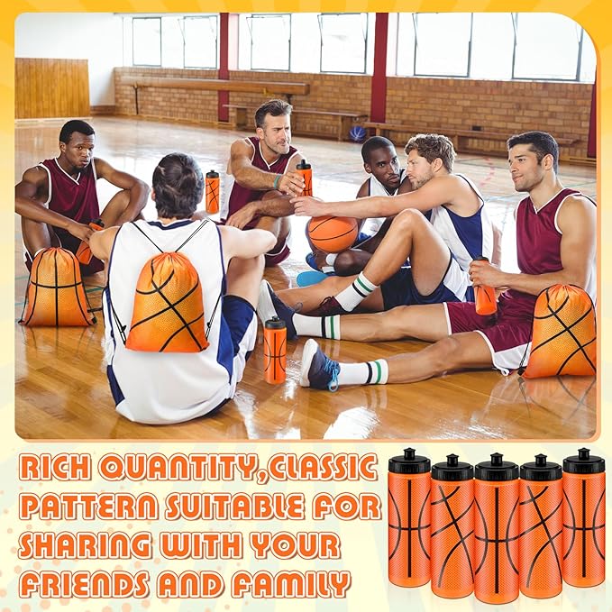 12 Pcs Basketball Water Bottles Basketball Drawstring Bag Set with 50 Sticker Basketball Party Favors 6 Reusable Sports Squeeze Water Bottle 20oz 6 Basketball Goodie Gift Bag for Basketball Team Gifts