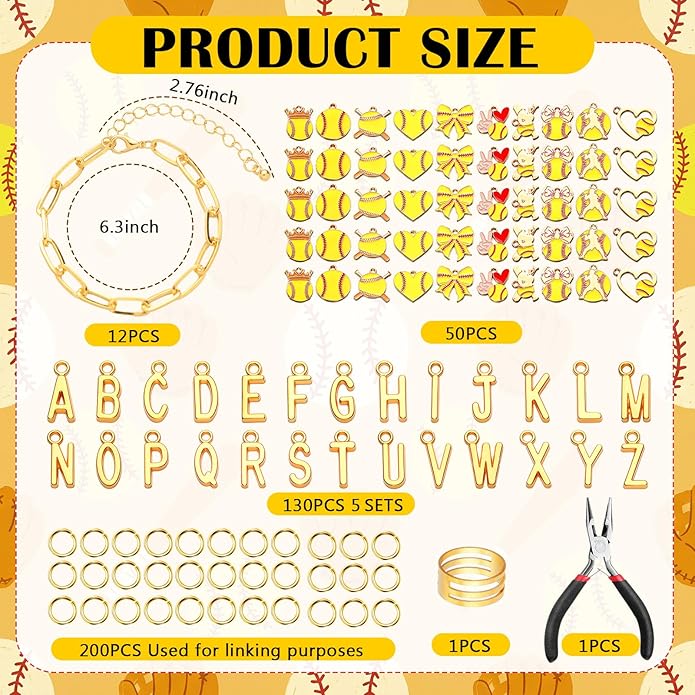 Kigeli 394 Pcs Sports Bracelets for Women DIY Game Bracelets kit Softball Baseball Football Jewelry Crafts Adjustable Gold Letter Charms Keychain for Team Sport Lovers Gifts
