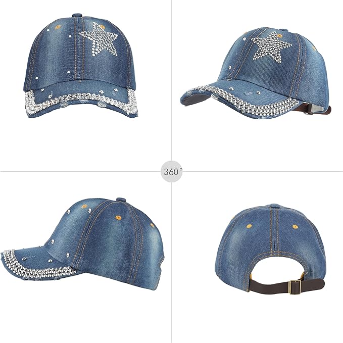 Hoce Fashion Rhinestone Denim Baseball Cap Studded Bling Hat for Women